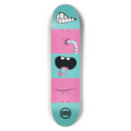 A skateboard deck featuring a colorful graphic design with horizontal pink and teal stripes and cartoon mouths smiling with a toothpick, sucking from a stripped straw, licking a lollipop, and a simple smile. The "Niño Boards" logo is visible in a black circle at the bottom.