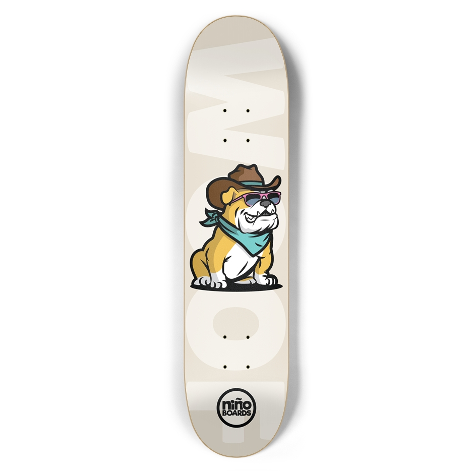 A skateboard deck shown vertically against a white background, featuring a cartoon bulldog wearing a cowboy hat and bandana on the graphic, with the "Niño Boards" logo near the bottom.
